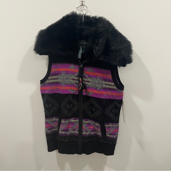 NWT Ralph Lauren Medium Southwest Fair Isle Blanket Lamb Wool Faux Fur Vest - Picture 1 of 5